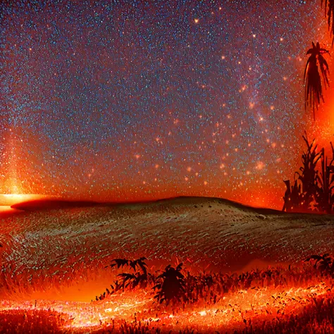 master piece, 8k detail. landscape comic book painting of a beach with red hot lava ground/ sand. hot and clear night highly-detailed, background artwork, desert oasis background, palm trees on right edge of frame.  sky with night stars, sea reflects night...