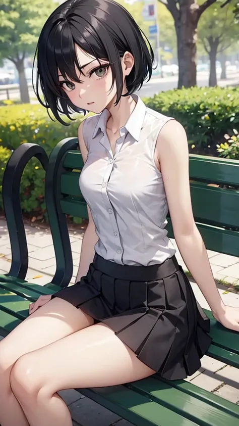 girl，The body is slim，Short black hair，ＪＫ，Short skirt，Slim and ample legs，sitting on a park bench，show her legs