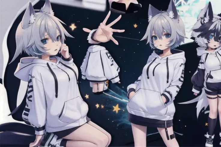 White-haired beautiful girl、Animal Ears、sadist、hoodie、Big Breasts、cute、Low - Angle、condescending、whole body、front、valley、Bare legs、Character portrait