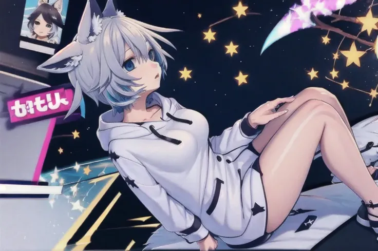 White-haired beautiful girl、Animal Ears、sadist、hoodie、Big Breasts、cute、Low - Angle、condescending、whole body、front、valley、Bare legs、Character portrait