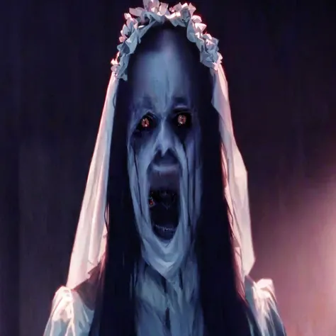 a closeup of a woman with a veil and a creepy face, The crybaby, Scaring, with haunted eyes and dark hair, with black sclera eyes, frame from a horror movie, horror movie still, horror movie frame, film horror movie frame, horror movie still, horror movie ...