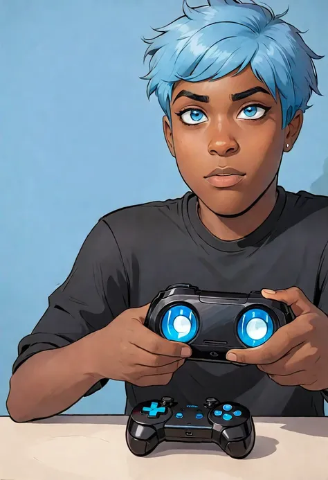 A black teenager with blue hair on the sides and black on top, eyes with light blue and dark blue heterochromia, wearing a black shirt, playing video game, work of art, style cartoon