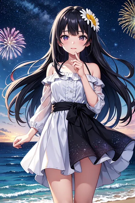 Colorful fireworks、Seaside、One girl，Expose the whole body，Nice face，Dark Eyes、Grayish-black hairworks blooming，Daisy，Floating in the sky，Bright，Cheerfulness，Warm and soft lighting，Night Sky，Starry Sky