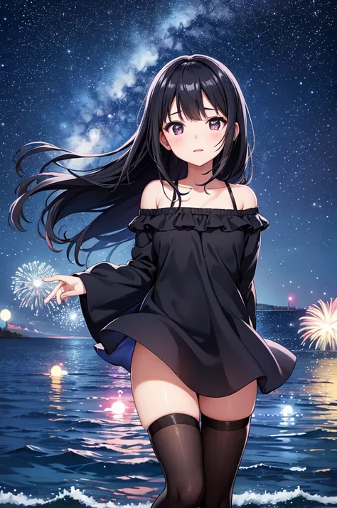 Colorful fireworks、Seaside、One girl，Expose the whole body，Nice face，Dark Eyes、Grayish-black hairworks blooming，Daisy，Floating in the sky，Bright，Cheerfulness，Warm and soft lighting，Night Sky，Starry Sky