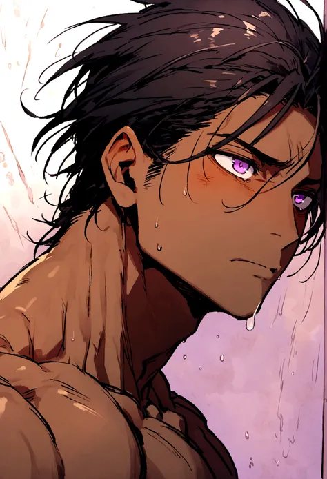 Dark-skinned man, violet eyes, short straight black hair, muscular, with a shy expression on his face.