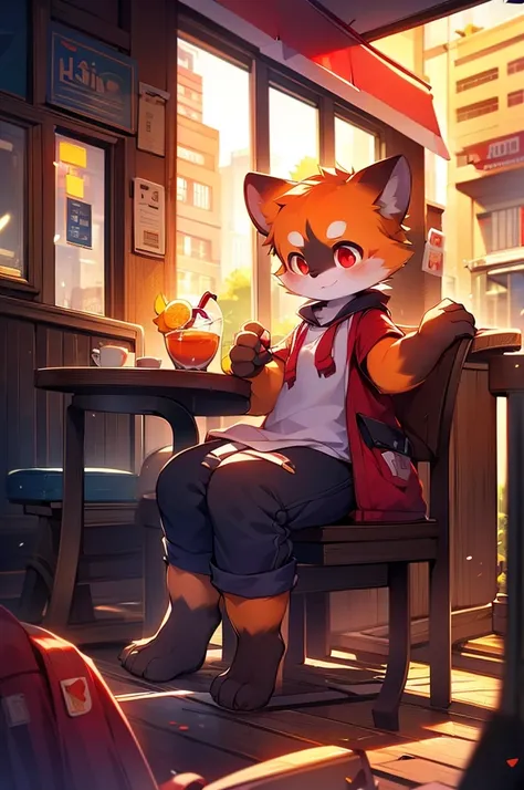 4K quality，high resolution，Female Red Panda，Cafe，Sitting on a chair，Orange Juice Lemon，Red eyes，Cityscape，Its dark outside，