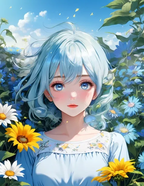 Anime girl with blue hair and blue eyes standing in a flower field, digital Anime illustration, detailed Digital anime art, Anime style digital art, Digital anime art, Beautiful anime portraits, Anime illustration, Anime-style illustrations, Beautiful and ...