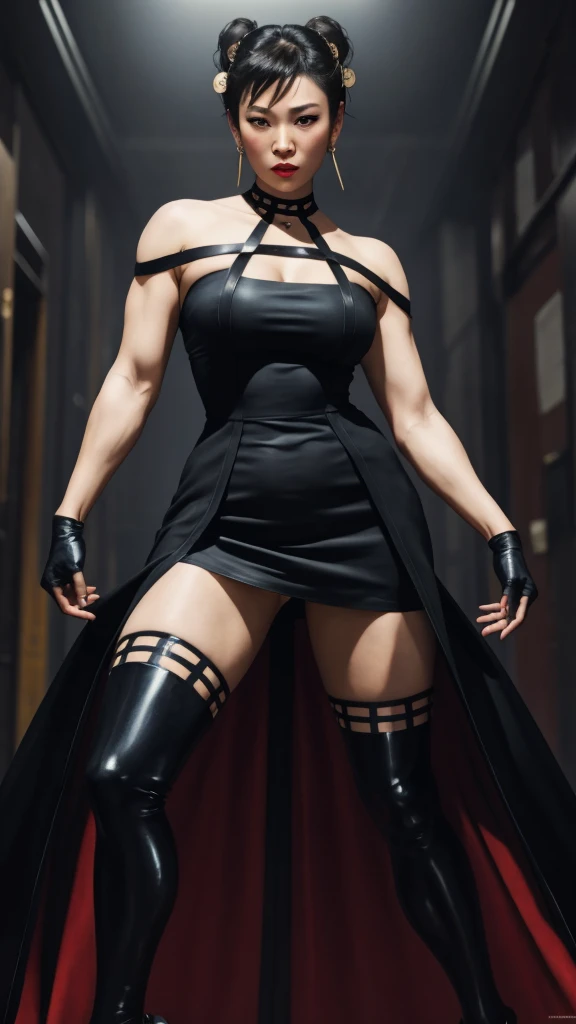 Chun Li, beautiful woman, sexy woman, perfect breast, ((half body)), (looking at viewer:1.1), night street, by Conor Harrington, black dress, black thighhighs, black gloves