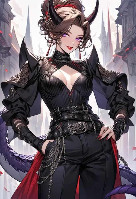 Tall woman, cheeky smile, brunette, hair gathered in a low bun, strands on the sides of face, red and black clothes with open chest, purple eyes, dragon tail and horns, belts, pants, many details, light lipstick