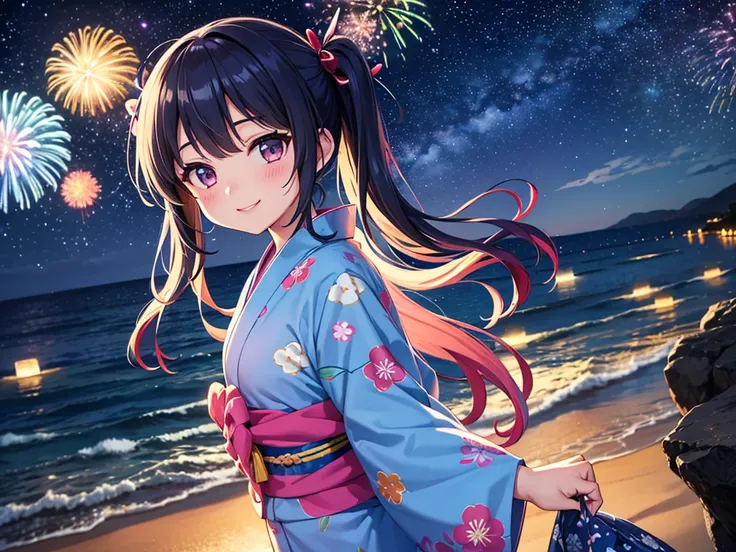 Colorful fireworks、Seaside、One girl，Expose the whole body，Nice face，Dark Eyes、Light blue long hair、Beautiful girl with twin tails，Fireworks across the sky、Bright smile、Wearing a yukata with a floral pattern、Warm and soft lighting，Night Sky，Starry Sky