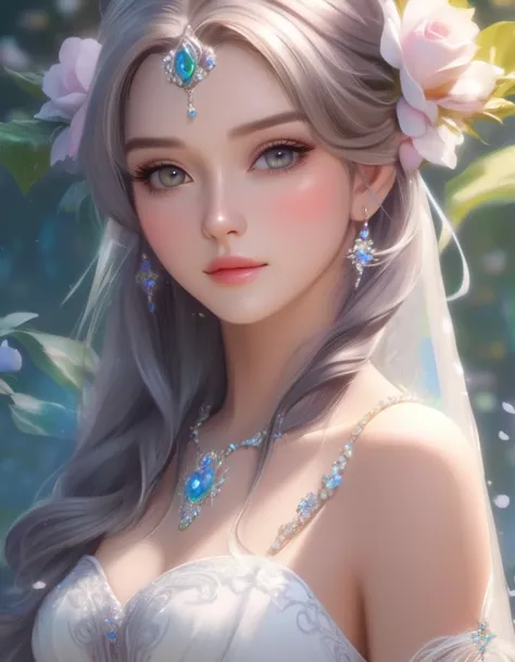 Wear a tiara、Long-haired woman with flowers in her hair, Gwaiz, artwork in the style of Gwaiz, 8k high quality detailed art, Fantasy art style, Heavenly Beauty, Beautiful Anime Girls, Beautiful fantasy art, Beautiful fantasy maiden, beautiful fantasy portr...