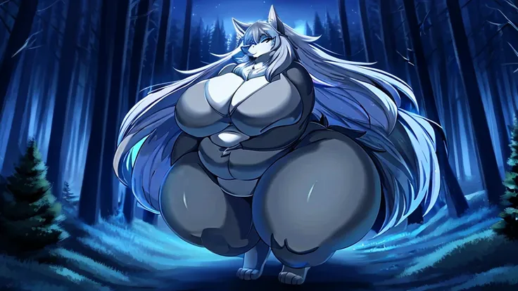 Wolf, female, long grey messy hair, huge hips, huge thighs, plump, voluptuous,obese, fat arms, fat legs, gorgeous, beautiful, eyelashes, bottom heavy, boreal forest, nighttime 