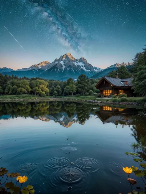 Cozy house in the forest with a beautiful pond in front of it and mountains in the background. May there be a clear starry night in the sky with bright constellations