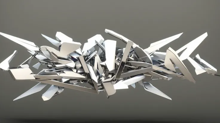 Bunch of scissors on the table close-up, fragmented typography, sharp edges. Octane render, Epic 3D Abstract Model, Made of shiny white metal, consists of many pieces of metal, chrome art, rendering in Cinema 4D, rendering in Cinema4D, Greg Rutkowski. Octa...