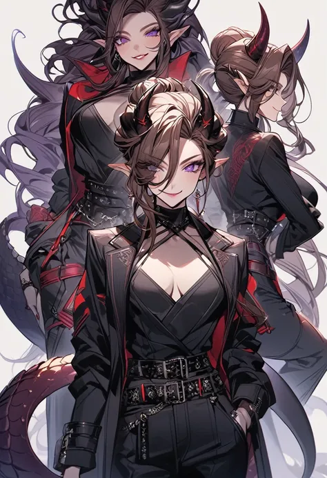 Tall woman, cheeky mad smile, brunette, hair gathered in a low bun, strands on the sides of face, red and black clothes with open chest, purple eyes, dragon tail and horns, belts, pants, many details, light lipstick