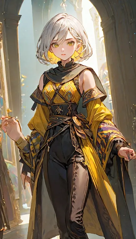 (white hair), multicolor patterned clothing, colorful clothing, female adventurer, game art style, (masterpiece 1:5),  colorful clothing 1:2, elf ears, bob cut, silver hair, skinny, , yellow eyes, scarves, leather belts, half skirt over pants and boots, fl...