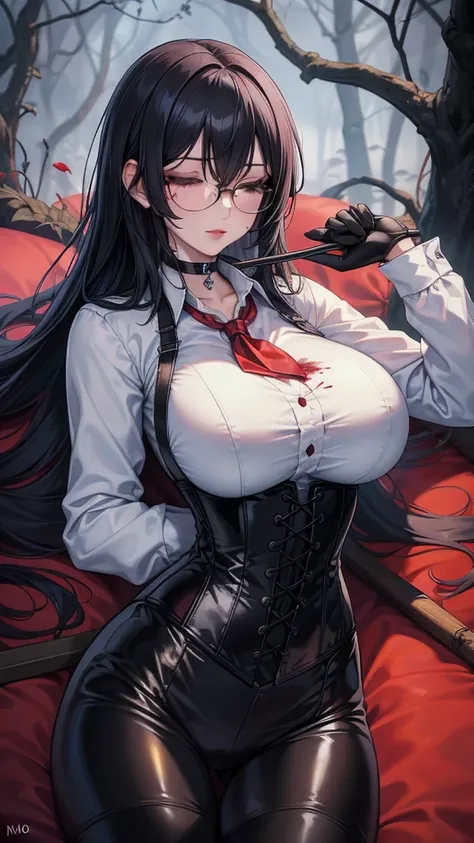 ((blood droplets)), ((blood)), ((blood splatter)), ((blood on clothes)), ((blood stain)), Masterpiece, Beautiful art, professional artist, 8k, art style by sciamano240, Very detailed face, Detailed clothing, detailed fabric, 1 girl, lying completely on the...