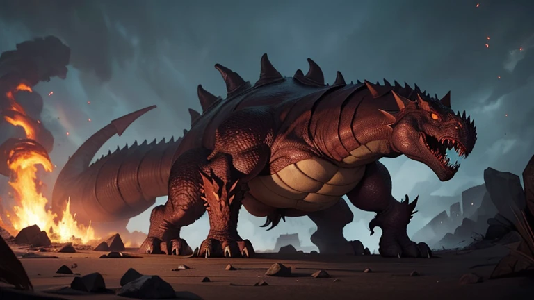 Create an image of a 20 meter tall tarrasque. The tarrasque is bipedal, brown and black with the belly in a lighter color, he must have some purple colored crystals embedded in his skin. Around the tarrasque, there should be some medieval-style houses and ...