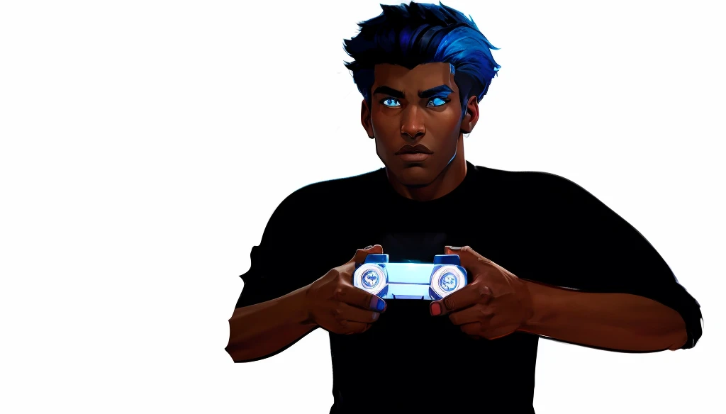 A black teenager with blue hair on the sides and black on top, eyes with light blue and dark blue heterochromia, wearing a black shirt, playing video game, work of art, style cartoon