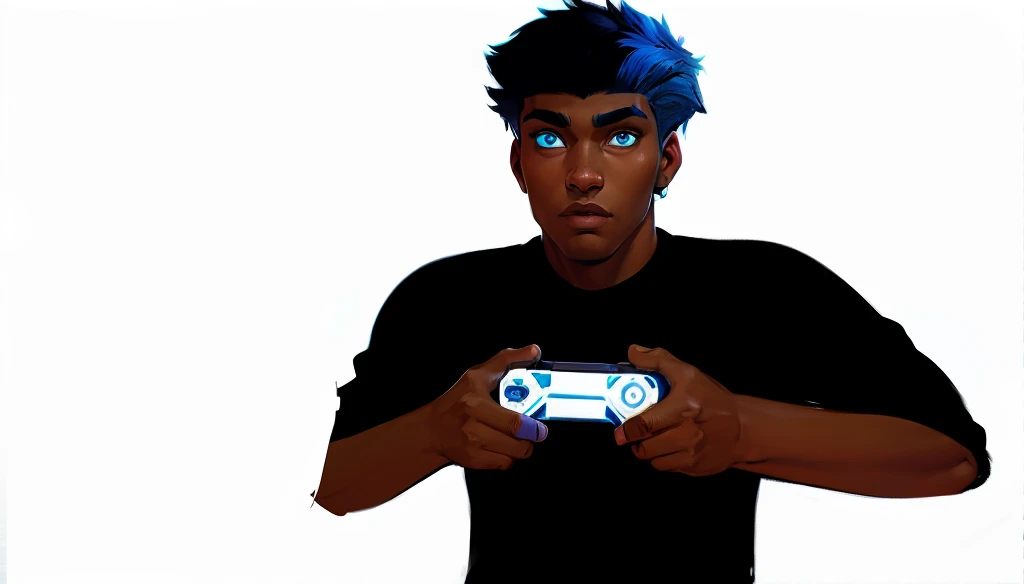 A black teenager with blue hair on the sides and black on top, eyes with light blue and dark blue heterochromia, wearing a black shirt, playing video game, work of art, style cartoon