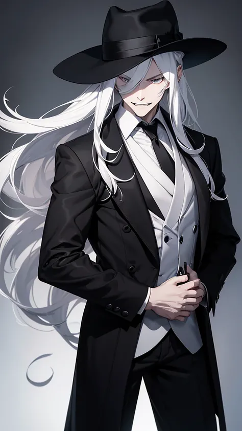 A pale man, with white long hair and evil smile, who is dressed with a black hat who covers his eyes with shadow, and is wearing a black trench coat with black dress and black tie, with black belt and black pants, besides having a revolver in his hands, an...