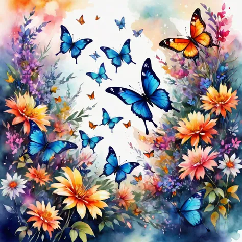 A masterpiece of vector graphics,
Best quality and high resolution, luxury, chaos, elegant, Vivid colors, Atmospheric, butterflies, blooming flowers, moving, organic composition, Aquarell 