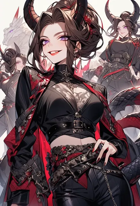 Tall woman, cheeky mad smile, brunette, hair gathered in a low bun, red and black clothes with open chest, purple eyes, dragon tail and horns, belts, pants, many details, light lipstick