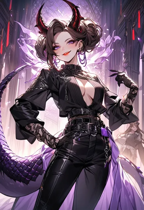 Tall woman, cheeky mad smile, brunette, hair gathered in a low bun, red and black clothes with open chest, purple eyes, dragon tail and horns, belts, pants, many details, light lipstick