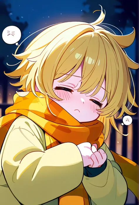 masterpiece, best quality, upper body, score_9,cute boy,kawaii boy,short yellow hair,eyes closed,yellow,orange scarf,sleepy.outside,orange scarf,big oversized yellow jacket,cute,small,short fluffy yellow hair,eyes closed,sleepy bubbles,white background,