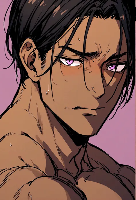 Dark-skinned man, violet eyes, short straight black hair, muscular, with a shy expression on his face.