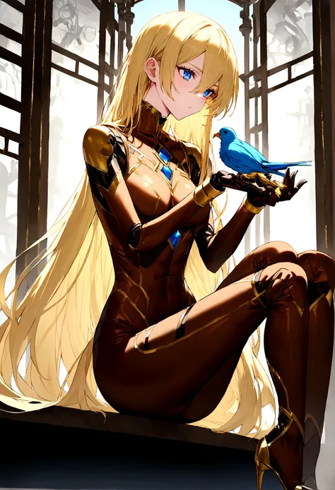 (masculine, man) (just one model) (android) (blonde hair that reaches to her heels) (blue eyes) (Slim and toned body) (She wears a tight brown bodysuit with gold details.) (laboratory background) (holding a bird in his hands) (very long hair that reaches t...