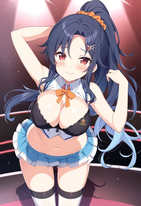 MIZUNOFUUKA, BLUE HAIR, BLACK HAIR, PONYTAIL, SCRUNCHIE, HAIR ORNAMENT, LONG HAIR, RED EYES,,15years old,  large breasts,, Live Stage, solo, nsfw