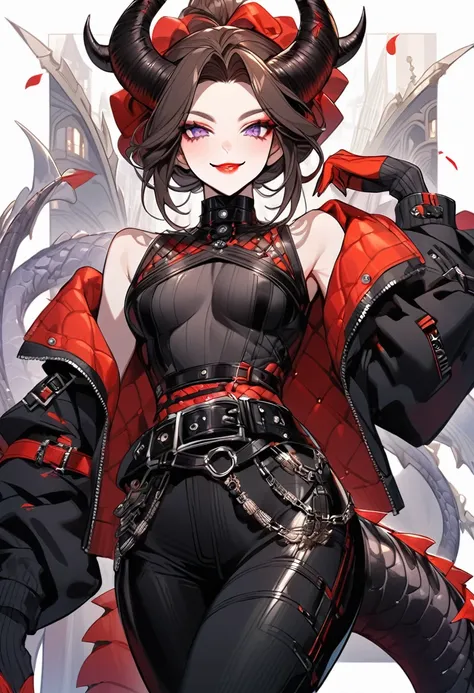 Tall woman, cheeky mad smile, brunette, hair gathered in a low bun, red and black tight clothes with open chest, purple eyes, dragon tail and horns, belts, pants, many details, light lipstick