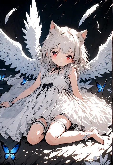 cute loli,cat girl,spread legs,white hair,white dress,red eyes,bare feet,bare legs,wings,angel,innocent,thigh strap,feathers,blu...