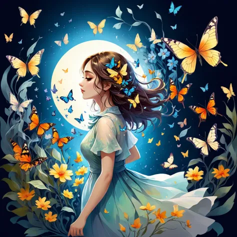 A masterpiece of vector graphics,
Best quality and high resolution, chaos, elegant, Vivid colors, Atmospheric, profile picture of a girl , elegant, butterflies, blooming flowers, moving, dramatic, Full body, organic composition, Aquarell 