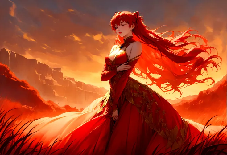 “Unconscious fire mage with Asuka Langley’s features, eyes gently closed, delicate tear tracks on her porcelain cheeks. Delicate feminine visage framed by long, flowing crimson hair. Voluptuous, curvaceous form partially visible through the tattered, rippe...