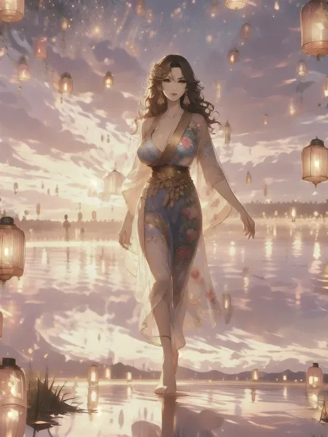 UHD, textured skin, high detail, anatomically correct, SOLO, 1 female, Xian mei, unique golden eyes, long red curly hair, jewelry, round, big breasts, perfect anatomy, walking by the lake, clear water nude, nude, sexy, hot , stars at night, shooting stars,...