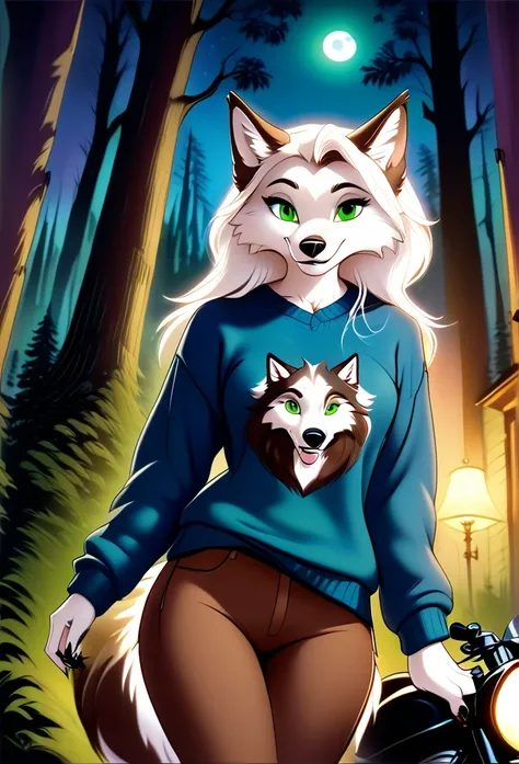 detailed illustration, dynamic angle, ultra-detailed, illustration, 1girl, blue sweater, wolf, white wolfkin, green eyes, standi...