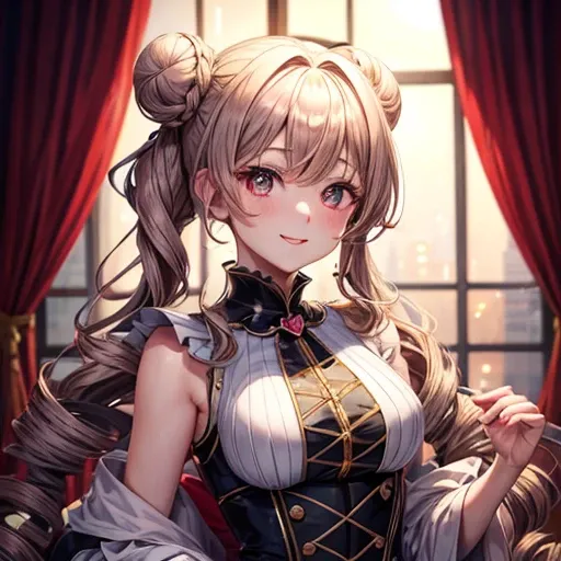 Drill Hair, curtained hair, Hair Bun, Big Hair, Medium Hair, リボンHair Bunド, Heart-shaped pupils, Raise your eyebrows, smile, Pursed lips, Surrealism, Renaissance, anime, anime style, Cinema Lighting, Depth of written boundary, God&#39;s Rays, Cast a Shadow,...