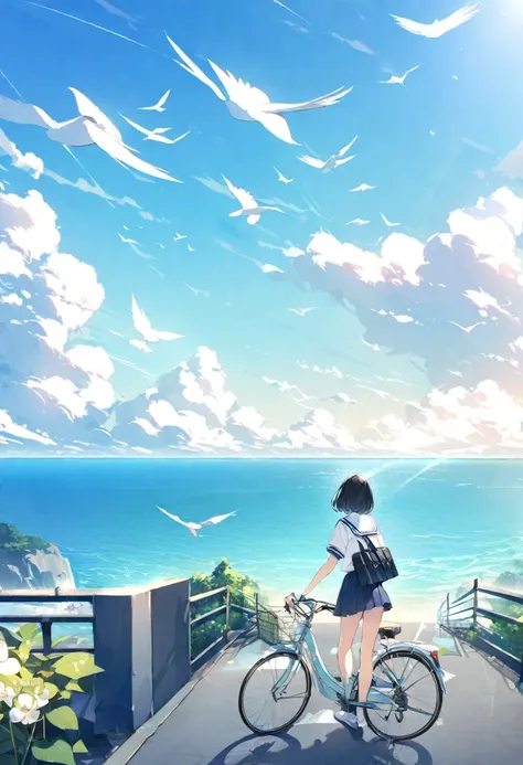 Highest quality、detailed、For more information、beautifully、Anime Scenery、summer、countryside、Long concrete road、electric wire、electric wire、重なったelectric wire、sunny、sunny、summer、Large entrance clouds、You can see the sea in the background、beautiful海、Birds are ...