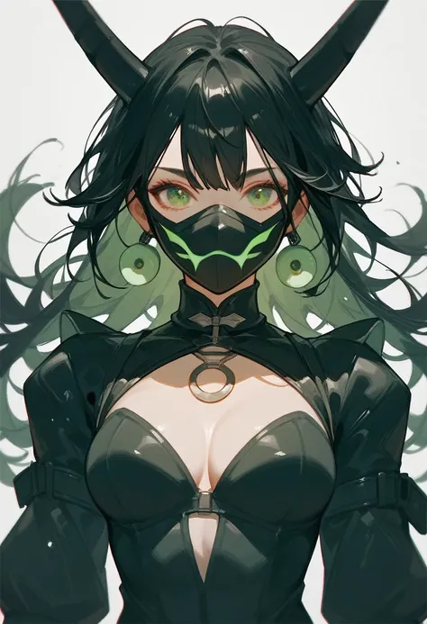 girl, black hair, green eyes, wearing a mask