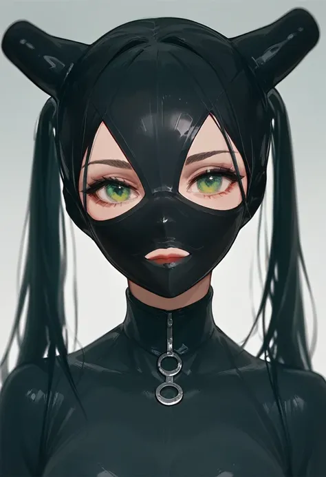 girl, black hair, green eyes, wearing a mask