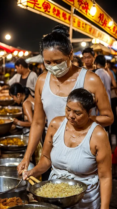 photo of a middle-aged sundanese woman (slightly curvy) with long black hair ((low messy bun), (sweat dripping down her face and...