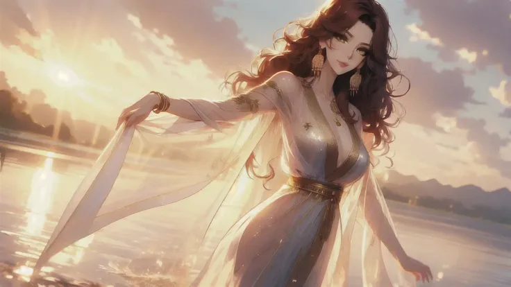 UHD, textured skin, high detail, anatomically correct, SOLO, 1 female, Xian mei, unique golden eyes, long red curly hair, jewelry, round, big breasts, perfect anatomy, walking by the lake, clear water nude, nude, sexy, hot , stars at night, shooting stars,...