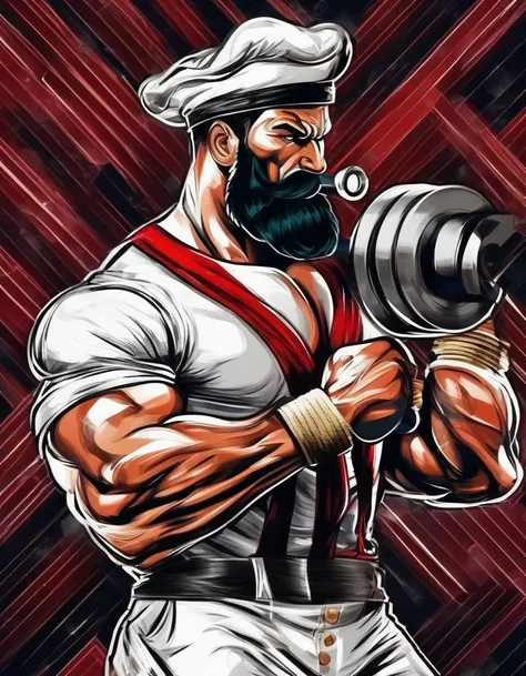 cinematic photo sailor popeye faithful to the work, lifting a big dumbbell as a bodybuilding athlete, highlighting your chin and...