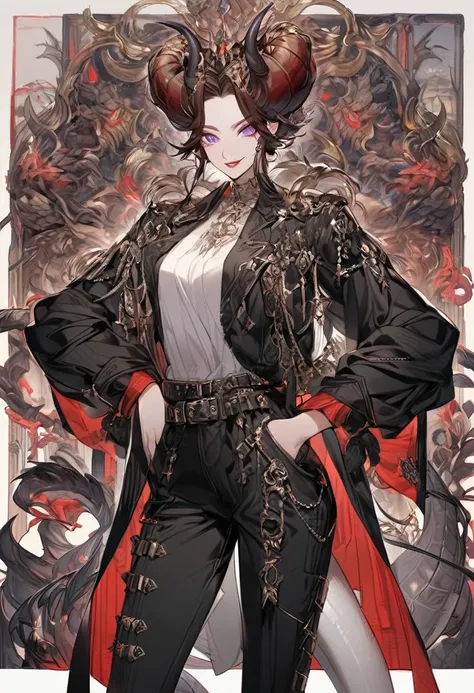 Tall woman, cheeky mad smile, brunette, hair gathered in a low bun, red and black clothes with open chest, purple eyes, dragon tail and horns, belts, pants, many details, light lipstick