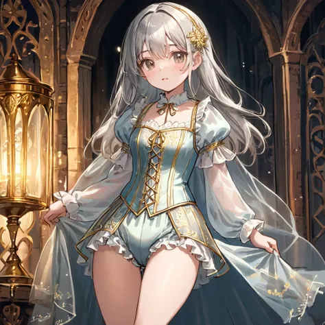 8 year old medieval girl, １people、Pajamas、Gold and silver thread embroidery、Translucent underwear that reaches below the knee（Bloomers）wear、wear a semi-transparent corset、Translucent slip