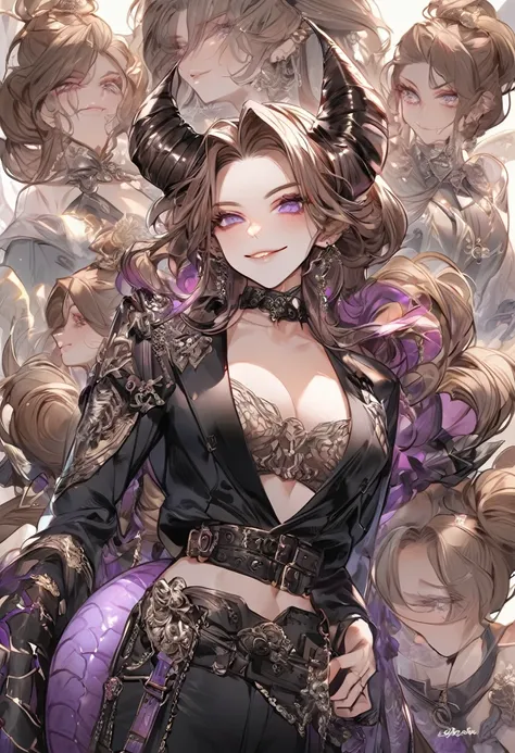 Tall woman, cheeky mad smile, brunette, hair gathered in a low bun, red and black clothes with open chest, purple eyes, dragon tail and horns, belts, pants, many details, light lipstick