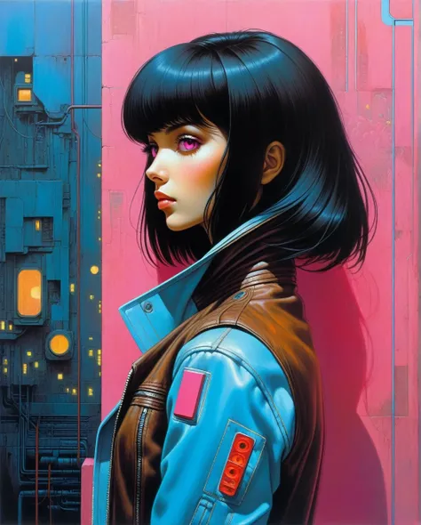 zdzislaw beksinski, A mysteriously beguiling cyberpunk woman, her smooth black hair falls in a sleek cascade framing striking brown eyes, accentuated by a set of bold bangs. Clad in a stylish leather jacket over a vibrant pink t-shirt and light blue denim ...