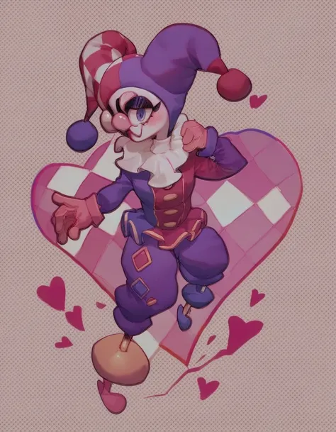 rosy_alt, solo, gloves, 1girl, hat, full body, female focus, heart, english , checkered background, jester cap, source